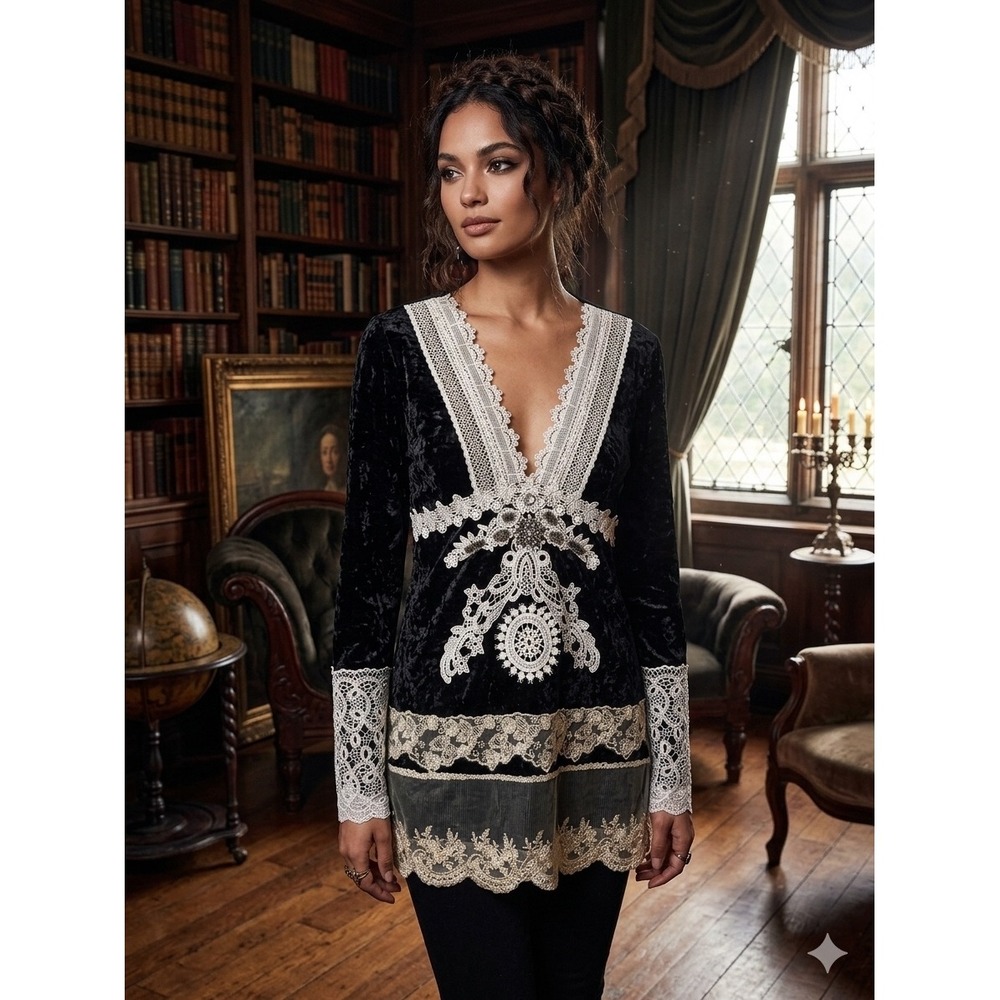 Passion Concept Black Crushed Velvet Lace Tunic Top Beaded Boho Victorian M